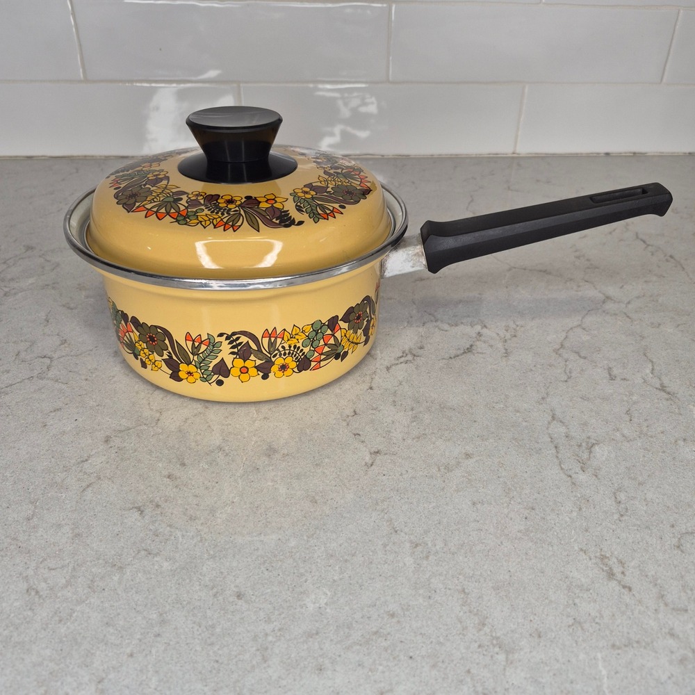 Vintage 1970s Yellow Floral Enamelware Saucepan With Lid Retro Kitchen